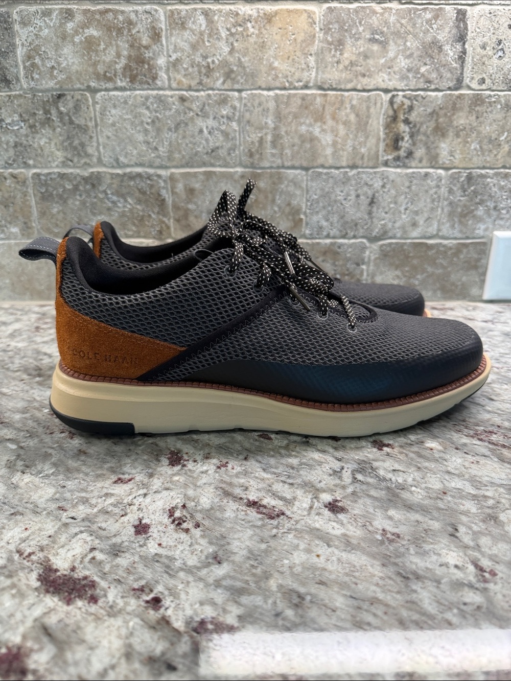 Cole Haan Dark Gray Mesh Sneakers with Brown Heel Accent
